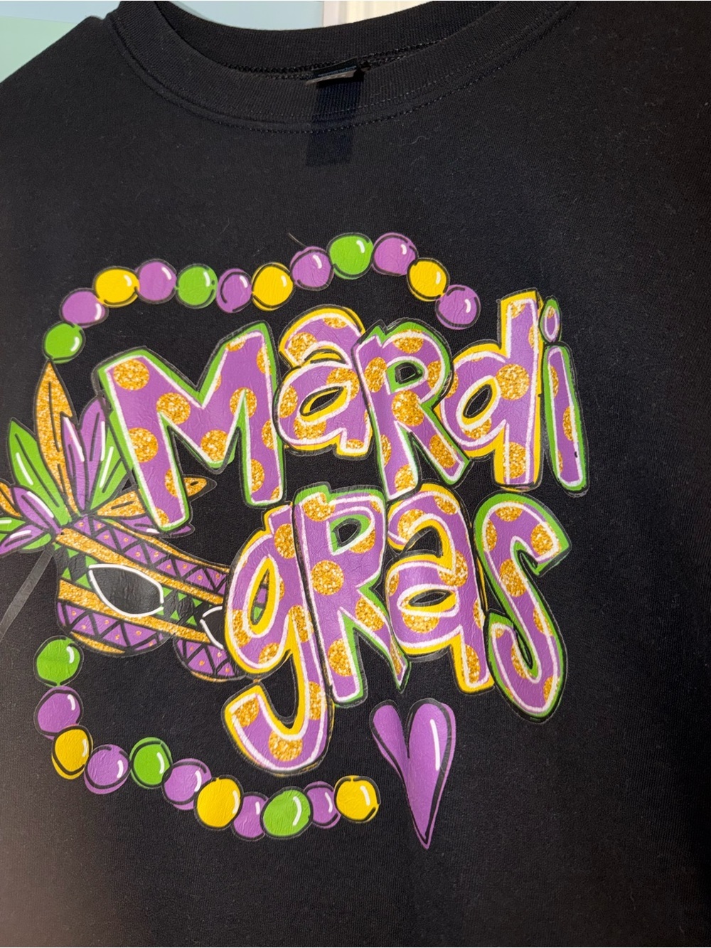 Gildan Black Mardi Gras Graphic Sweatshirt with Purple, Green & Gold Accents - Picture 2 of 2